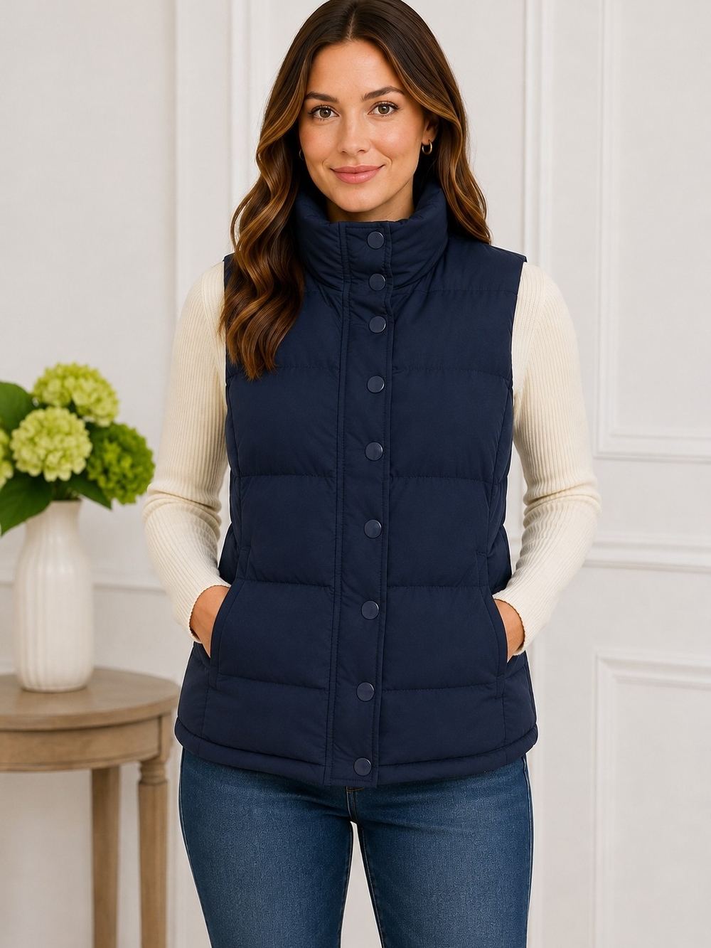 J. Crew Navy Quilted Snap-Front Down Puffer Vest Sz XS